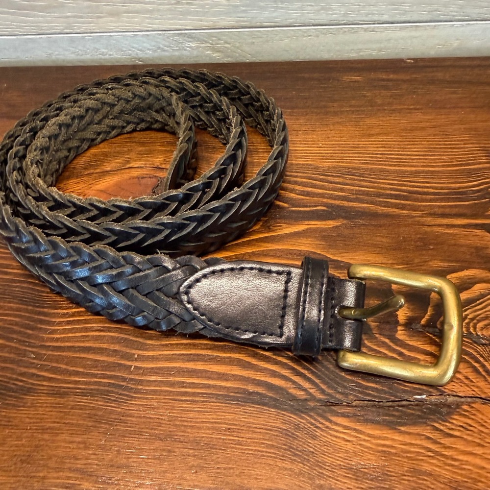 Black Braided Genuine Leather Belt Brass Buckle Woven Classic Unisex Large